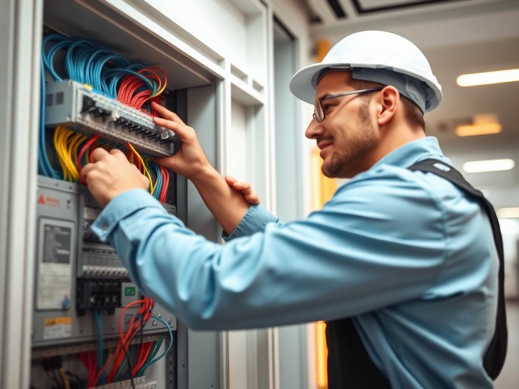 Electrician working on a modern electrical distribution panel