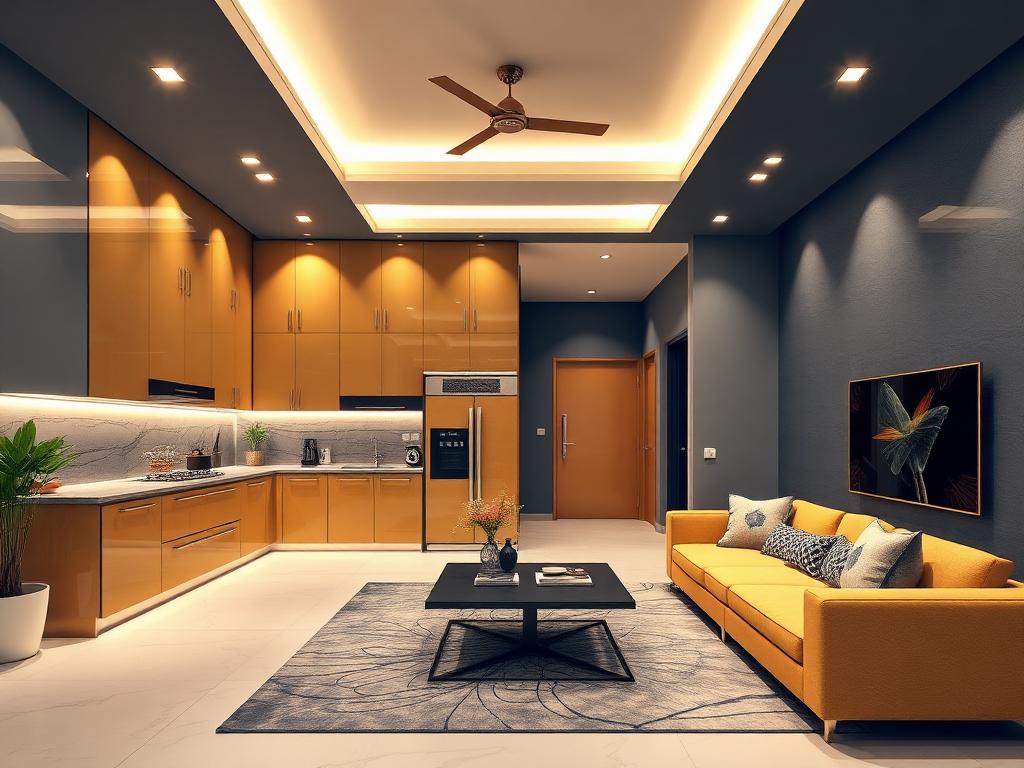 Premium modular kitchen and living room interior by Mohanty Global